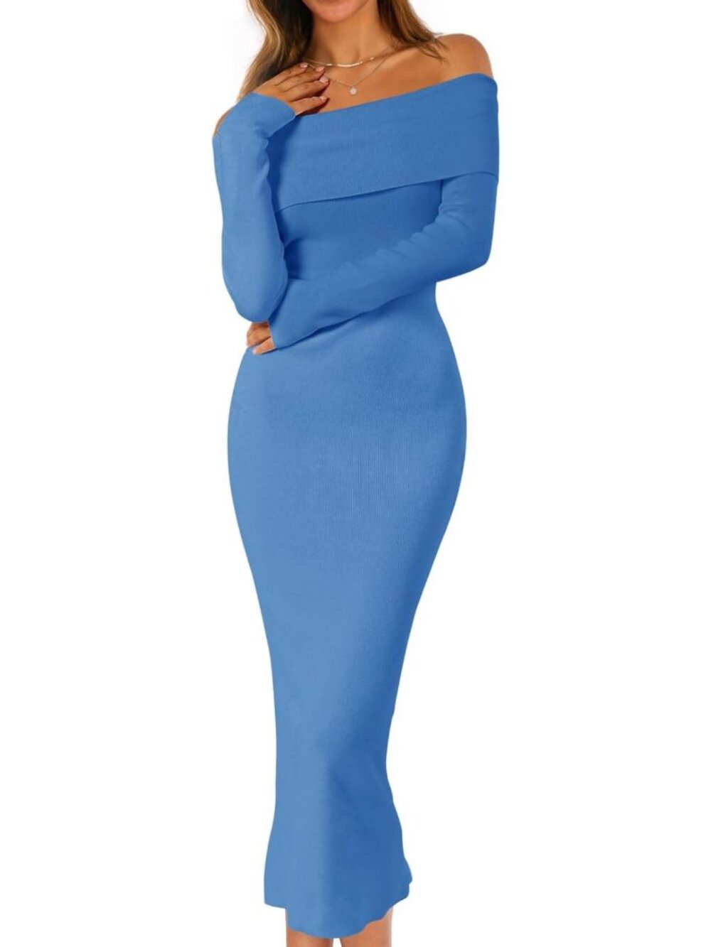 Chic Off Shoulder Long Sleeve Bodycon Midi Sweater Dress for Fall Fashion